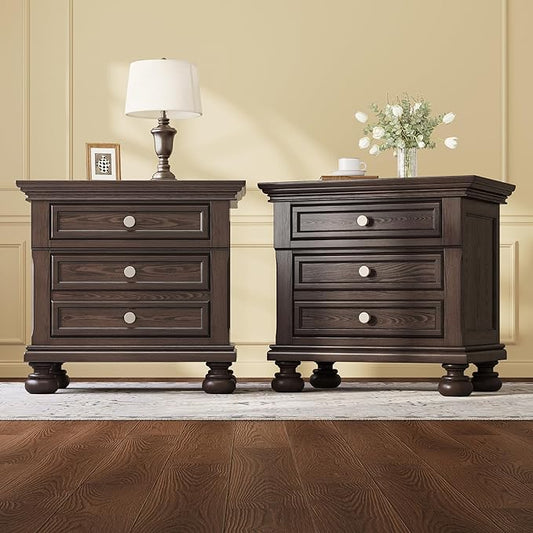 AMERLIFE Fully Assembled Nightstand Set of 2, Solid Wood End Table with 2 Storage Drawers, 26" Extra Large Traditional Bedside Cabinet for Bedroom, Dark Brown