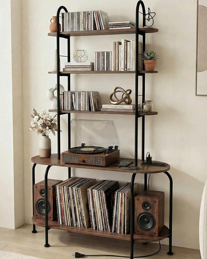5-Tier CD Storage Rack, Record Player Stand with Storage, DVD Organizer Shelf with Adjustable Book Stoppers, Media Storage Rack for CD/DVD, Books, Games, for Living Room, Bedroom, Home Office, Walnut