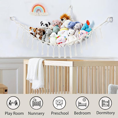 Stuffed Animal Net or Hammock with Light,Yewiwin Macrame Hanging Net Hammock for Stuffed Animal Toy Storage Organizer Boho Decor Room Holder for Nursery Play Room Bedroom (Beige-2)