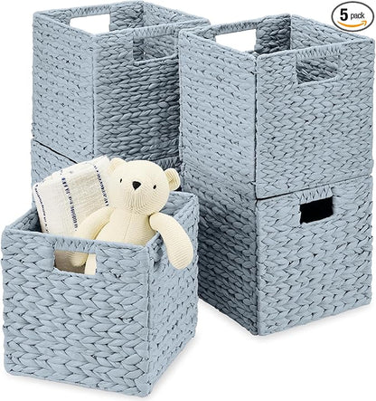 Best Choice Products 10.5x10.5in Pack of 5 Cube Storage Baskets, Water Hyacinth Multipurpose Collapsible Organizers, Handwoven Toy Storage Totes for Kids Room, Nursery & Living Room - Blue
