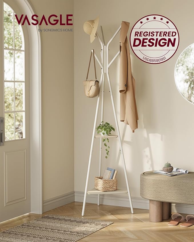 VASAGLE Coat Rack Freestanding, Coat Hanger Stand, Hall Tree with 2 Shelves, for Clothes, Hat, Bag, Industrial Style, Natural Beige and Pearl White URCR016N01
