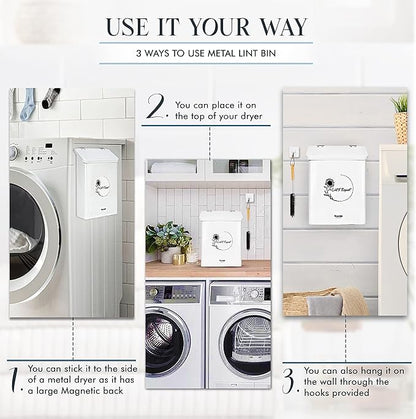 Knowstyle Metal Magnetic Lint Bin for Laundry Room Decor - Laundry Room Trash Can with Dryer Lint Brush for Dryer Vent – Metal Laundry Lint Bin with Clothes Lint Roller