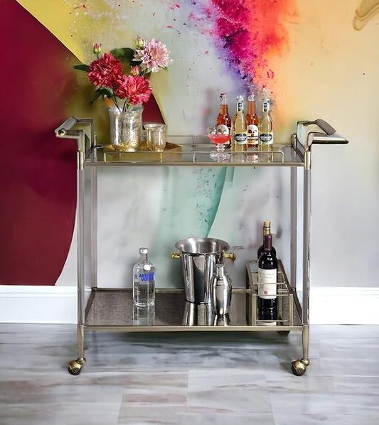 Cirro Glass Bar Cart with Antique Mirror, 2-Tier Serving Cart with Wire Brass Finish Frame, 39x16x37 Inch, Rolling Wheels