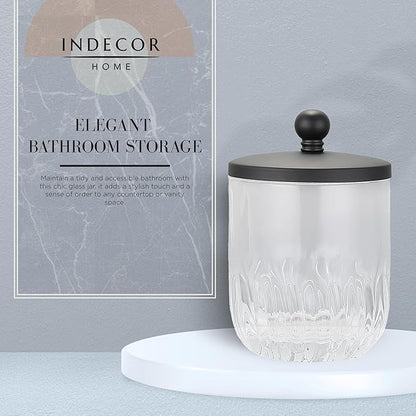 Indecor Home Glass Jar with Metal Lid for Bathroom Organization, Clear Apothecary Jar for Cotton Balls, Q Tips, and Small Accessories, Stylish Bathroom Storage Container Black
