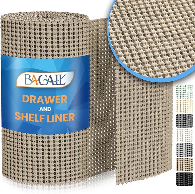 BAGAIL Drawer and Shelf Liner, 12 in X 20 Ft Non-Adhesive Shelf Liners for Kitchen Cabinets, Thick Strong Grip Liners for Desk, Shelves, Bathroom Drawers, Cabinet Protection - Beige
