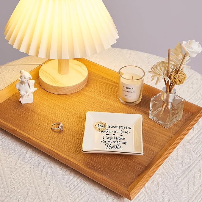 Spegiffu Sister in Law Gifts Ring Dish- I Smiled Because You're My Sister in Law Jewelry Dish Tray Trinket Dish, Birthday Gifts for Sister in Law Wedding Christmas Valentines Mother's Day Gift, White