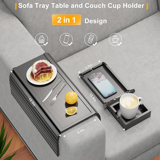 Bamboo Couch Armrest Table, Sofa Arm Tray with Detachable Couch Cup Holder- 2 in 1 Anti-Slip Foldable Sofa Armchair Caddy Table for Drinks Cellphone TV Remote Snacks (Black)