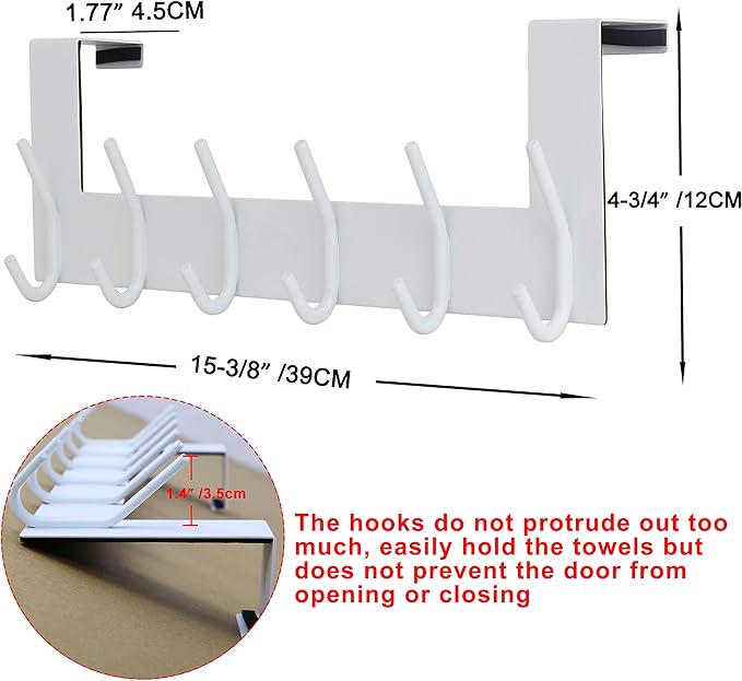 SKOLOO Over The Door Hook - 6 Hooks, No Assembly Required, Stainless Steel Door Hooks, Over Door Coat Rack for Hanging Coats Clothes Hats Robes, White