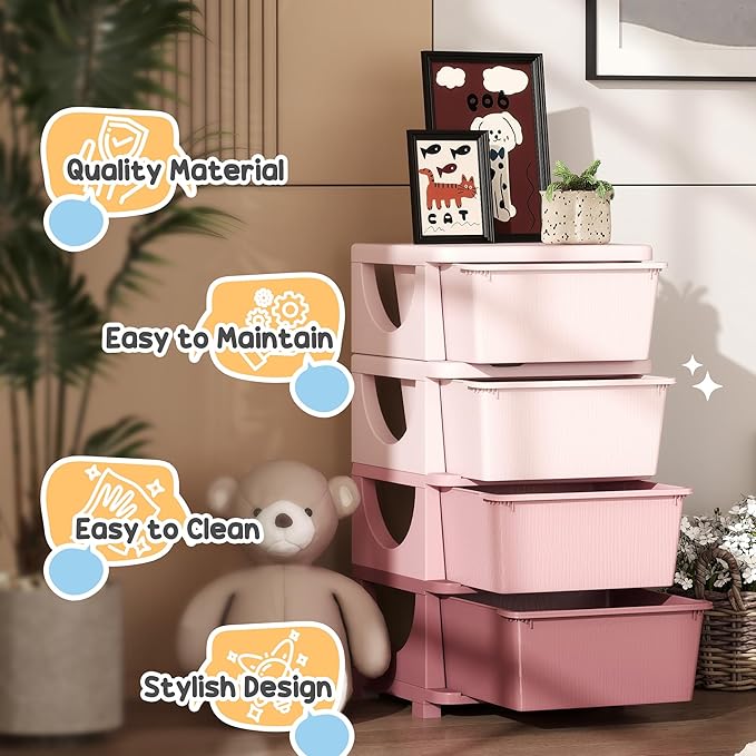 Qaba 4 Tier Kids Storage Unit, Toy Organizers and Storage with 4 Drawer Chest for Kids Bedroom Nursery Kindergarten Living Room for Boys Girls Toddlers, Pink