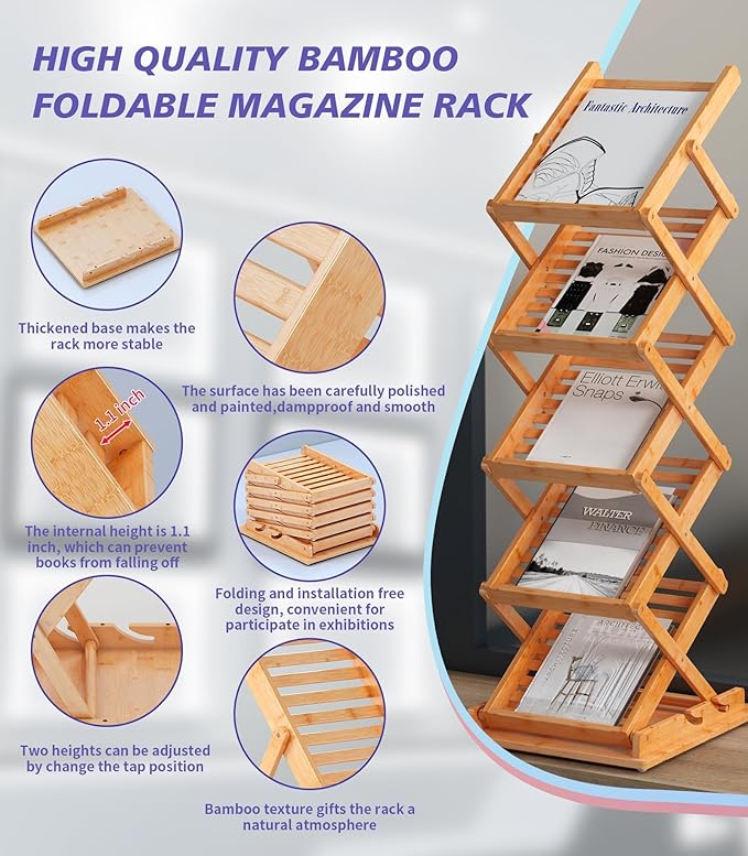 Foldable Bamboo Magazine Rack Floor, Portable Display Stand, Magazine Rack 5 Pockets, for Trade Show, Office, A4 Size