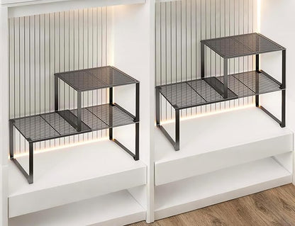HGZBS Extendable Metal Wire Shelf Organizer - Adjustable 15-24.4in Length, Stackable Storage Rack for Kitchen/Pantry/Bathroom/Shoe Cabinet/Tool Closet (4,Black)