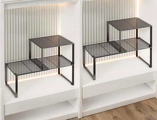 HGZBS Extendable Metal Wire Shelf Organizer - Adjustable 15-24.4in Length, Stackable Storage Rack for Kitchen/Pantry/Bathroom/Shoe Cabinet/Tool Closet (4,Black)