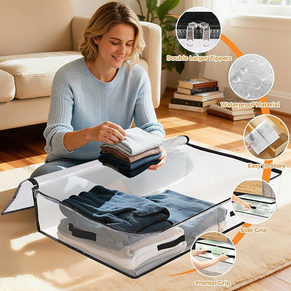 EdenDwell 6 Pack Under Bed Storage Bags, 75L Foldable Clear Storage Containers with Handles, Dual Zippers for Comforter, Clothes, Bedding, Linen Sheets, Sweaters, Blanket Storage