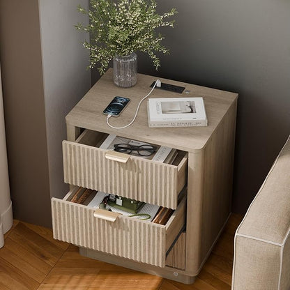 BONITURE Fluted Nightstand, Curved Night Stand with Charging Station Lighting, Wood End Table with 3 Drawers, Modern Side Table Storage Cabinet for Bedroom Office,(1, Natural)