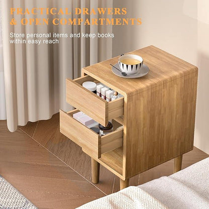 Nightstand 2 Drawers with Open Shelf Narrow Night Stand Solid Wood Bedside Table Mid Century Modern Nightstand Wooden End Table for Bedroom, Living Room, Study, Office