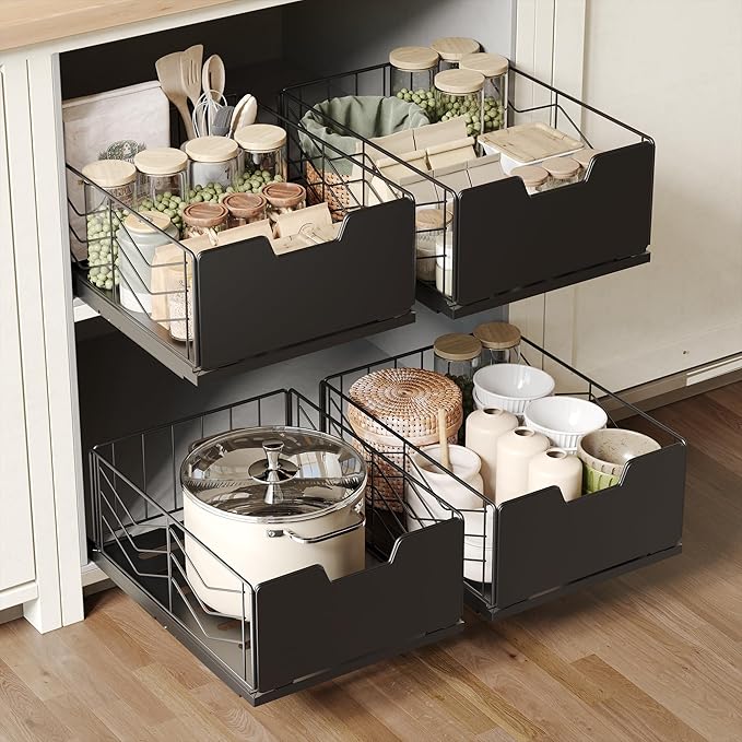 NETEL Pull Out Cabinet Organizer, 4 Pack No Drill Slide Out Drawers for Kitchen Cabinets, Metal Pantry Pull Out Shelves, Kitchen Cabinet Organizer, Pull Out Home Organizers,11.8"W X 15.7"D X 6.9"H