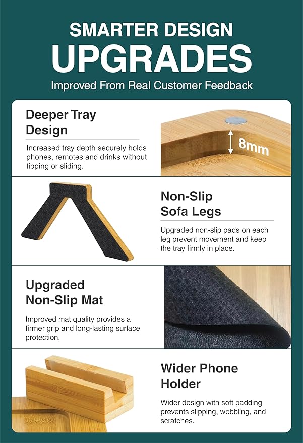 Bamboo Sofa Arm Tray Table – Fits Most of The Sofa Arms, 3 in 1 Adjustable Couch Arm Table with Rotating Phone Holder, Cable Slot & Non-Slip Mat – Couch Cup Holder for Snacks, Drinks & Remotes