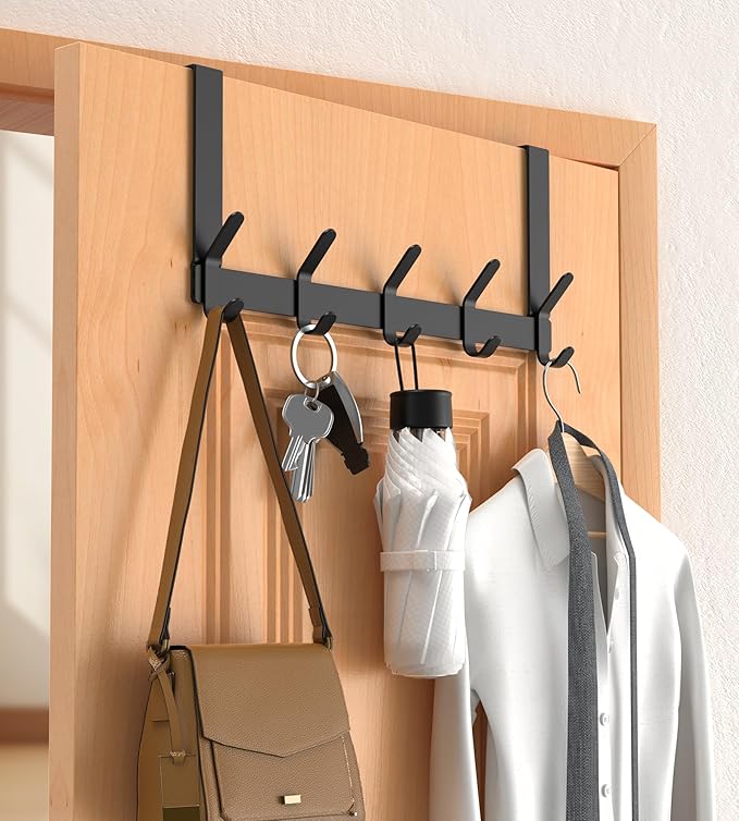CHAUNCEY HOME Over The Door Hooks Hanger with 7" Extended Arms for Hanging, J7U, Perfectly Fits US Standard 1 3/8-inch Doors, Towel Rack Organizer Holder, Matte Black