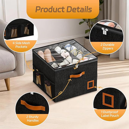 Shoe Organizer for Closet, 2 Pack Foldable Shoe Storage Organizer Box with Adjustable Dividers and Clear Cover, Space Saving Shoe Box with Reinforced Handles, Fits 16-32 Pairs, Black