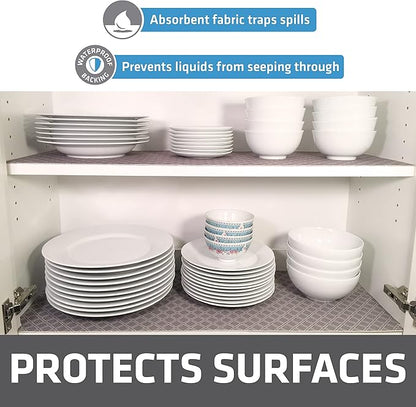Drymate Premium Luxury Shelf & Drawer Liner, Thick Cushioned Fabric, Non-Adhesive, Absorbent, Waterproof, Slip-Resistant, Liners for Kitchen Cabinets, Cupboards (USA Made)(12”x59”)(24-Pack)(Taupe)