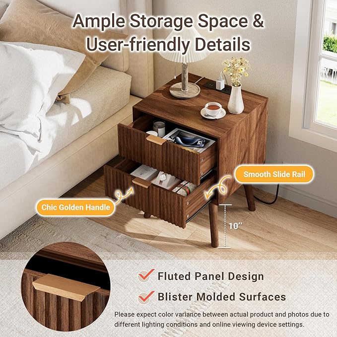 FavourLife Fluted Nightstand, Night Stand Set 2, Nightstands Set of 2 with Beveled Edges & Solid Wood Legs, 2 Drawer Wooden End Table with Charging Station, Modern Bedside Table for Bedroom, Walnut