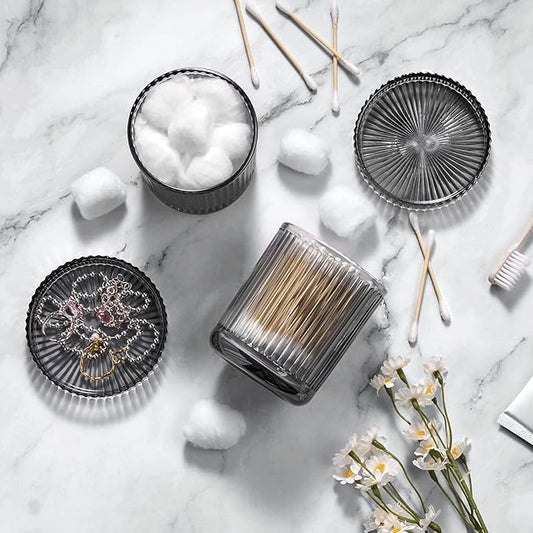 MKOSAB 2 Pack Qtip Holder - Apothecary Jars with Lids, Bathroom Organizers and Storage Canister for Cotton Balls,Swabs,Floss Picks,Hair Ties,Clear Glass Vintage Bathroom Decor Jar Set (Gray)