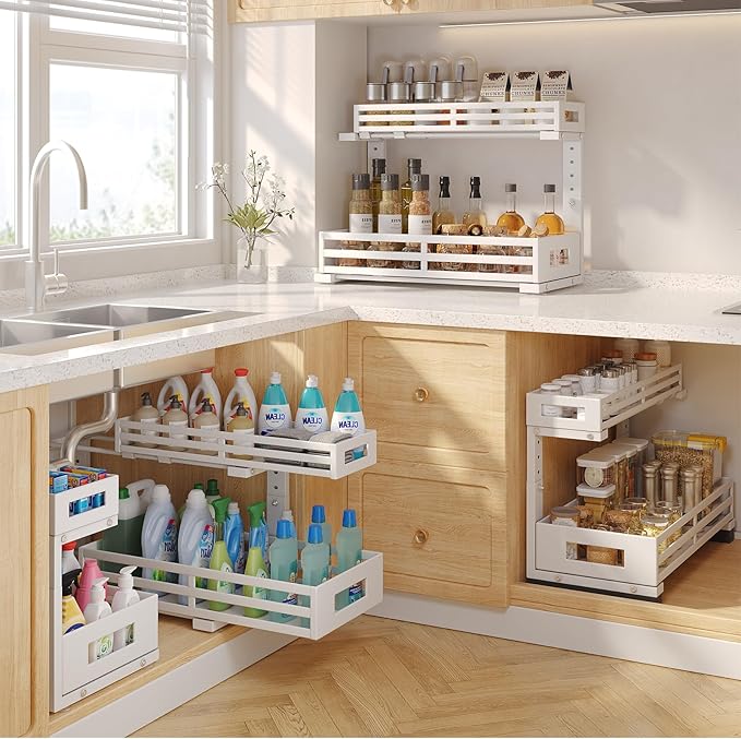 2-Pack 19"Deep Under Sink Organizer And Storage, 2-Tier L-Shaped Pull Out Cabinet Organizer with Upgraded Slide Rails, Height Adjustable Drawers for Kitchen&Bathroom, Extra-Large Storage Shelves–White