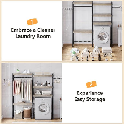 5-Tier Wood Over The Washer and Dryer Storage Shelf- Laundry Room Organization Space Saving Laundry Drying Clothes Racks Heavy Duty Adjustable Height Bathroom Shelf for Home Decor 65"L*12"D*74"H