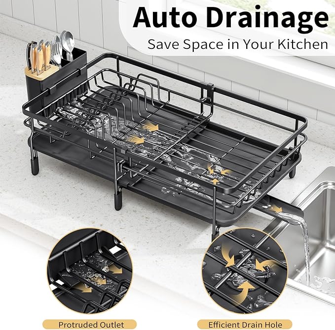 Expandable Dish Drying Rack for Kitchen Counter, Large Extendable Dish Rack with Bamboo Cover Cutlery Holder, Multifunctional Adjustable Dish Dryer Drainer