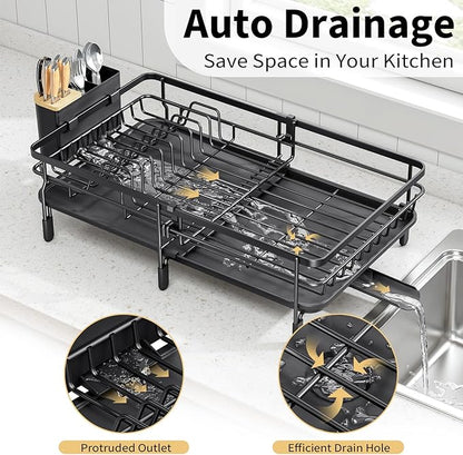 Expandable Dish Drying Rack for Kitchen Counter, Large Extendable Dish Rack with Bamboo Cover Cutlery Holder, Multifunctional Adjustable Dish Dryer Drainer