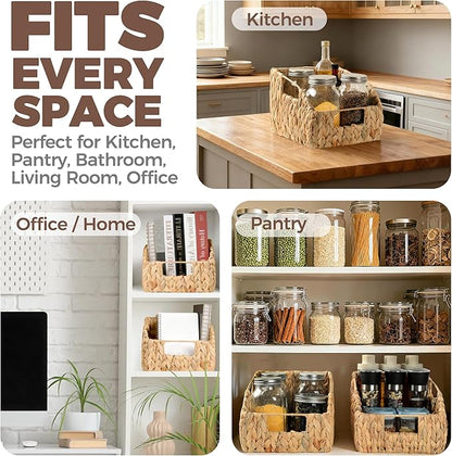 2-Pack Wicker Basket Set - Water Hyacinth Pantry Organizers and Storage w/Handles, For Home, Bedroom, Kitchen, & More - 100% Earth Friendly Woven Rattan, Simple Open Shape Decorative Baskets