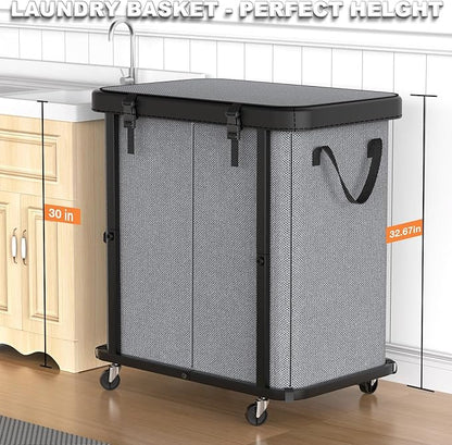 190L (50 Gal) Large Fashion Laundry Basket with Wheels, Leather Patchwork Rolling Hamper Carts, Sturdy Metal Frame, Removable Washable Bag, Tall Clothes Sorter for Bedroom - 2 Setion Gray