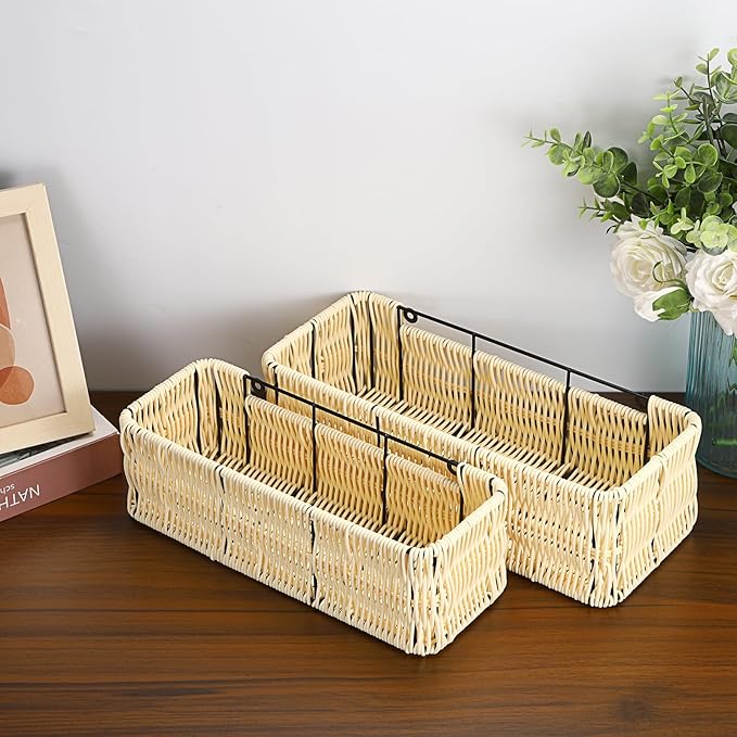 OwnMy Plastic Wicker Hanging Basket for Kitchen, Set of 2 Wall Storage Baskets Hanging Fruit Vegetable Basket for Kitchen Cabinet Pantry Organizing, Bathroom Toilet Paper Storage Baskets Organizers