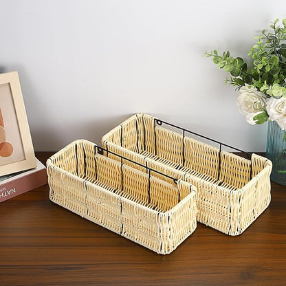 OwnMy Plastic Wicker Hanging Basket for Kitchen, Set of 2 Wall Storage Baskets Hanging Fruit Vegetable Basket for Kitchen Cabinet Pantry Organizing, Bathroom Toilet Paper Storage Baskets Organizers