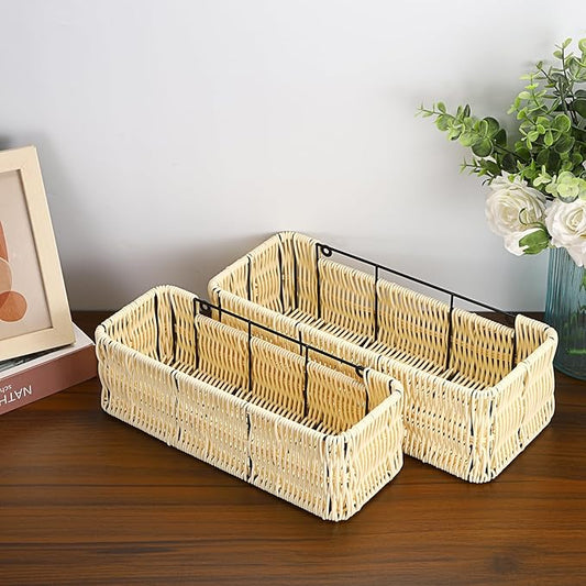 OwnMy Plastic Wicker Hanging Basket for Kitchen, Set of 2 Wall Storage Baskets Hanging Fruit Vegetable Basket for Kitchen Cabinet Pantry Organizing, Bathroom Toilet Paper Storage Baskets Organizers