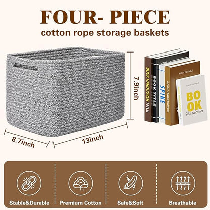 Storage Baskets for Organizing, 4 Pack Storage Baskets for Shelves, Woven Basket for Shelves, Closet Organization, Rectangle Organizer Basket Gifts Empty, 13"Lx8.7"Wx7.9"H Decorative Bins with Handles