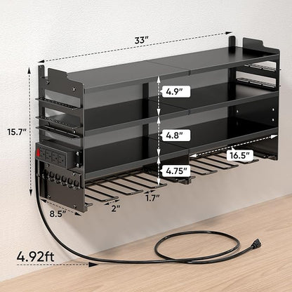 Large Power Tool Organizer Wall Mount with Charging Station,4 Layer Heavy Duty Metal Tool Storage Rack Loads 600lbs with 8 Cordless Drill Holder,Battery Utility Rack Loads with 4 Power Strip