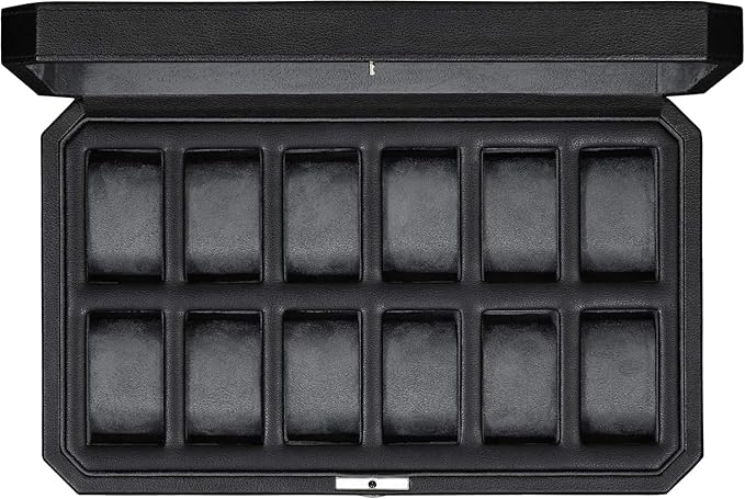 ROTHWELL 12 Slot Leather Watch Box for Men - Luxury Case Display Jewelry Organizer with Microsuede Liner - Travel Jewelry Case for Mens Accessories, Travel Organizer (Black & Grey)