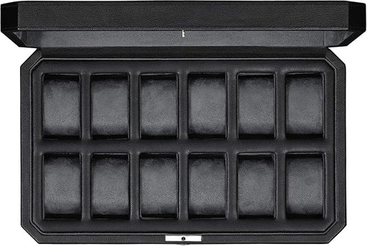 ROTHWELL 12 Slot Leather Watch Box for Men - Luxury Case Display Jewelry Organizer with Microsuede Liner - Travel Jewelry Case for Mens Accessories, Travel Organizer (Black & Grey)