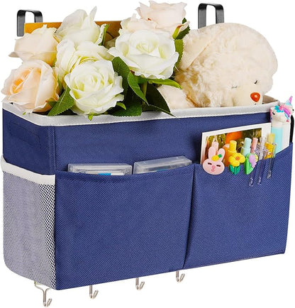 Frjjthchy Bedside Storage Organizer 5 Pockets with 4 Hooks Hanging Storage Bag for Headboards/Bunk Bed (Dark Blue)