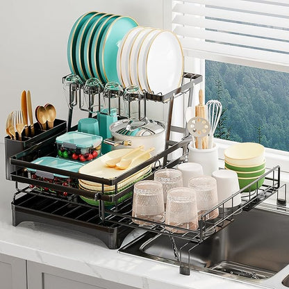 HANLE 2 Tier Dish Drying Rack - Large Extendable Dish Rack, 2-in-1 Anti-Rust Stainless Steel Dishrack for Kitchen Counter and Sink, Dish Strainer with Utensil Holder & Cup Holder(Black)