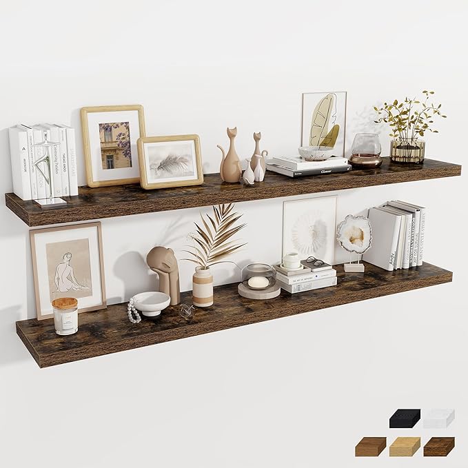 Fun Memories Brown Deep Floating Shelves, 72 x 12 Inch Long Wall Shelves, Large Display Shelf & Storage Shelf, Wood Floating Wall Shelves for Fireplace Mantel, Living Room, Home Office - Set of 2