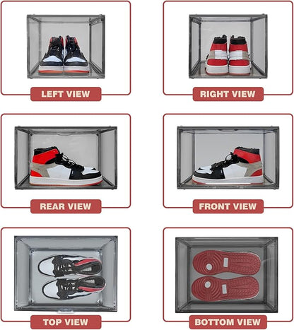 EDS FAM 4 Pack Grey Large Shoe Storage Boxes Clear Plastic Stackable Shoe Display Case with Magnetic Door, Easy Assembly Fit up to US Size 13