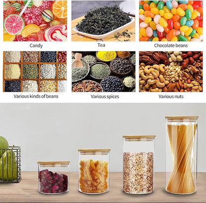 SIXAQUAE Glass Food Storage Containers Jar Seal Bamboo Lids 4 Packs 600ml Airtight Canister Organization Sets Stackable…