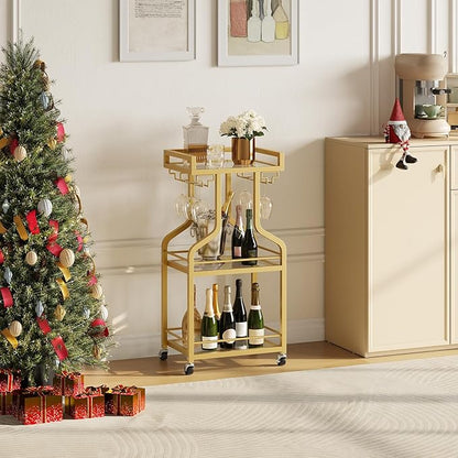 Bar Cart, 3-Tier Bar Serving Rolling Cart with Wheels and Wine Glass Holders, Mobile Beverage and Wine Cart, for Kitchen, Dining Room, Gold TTC30GJ