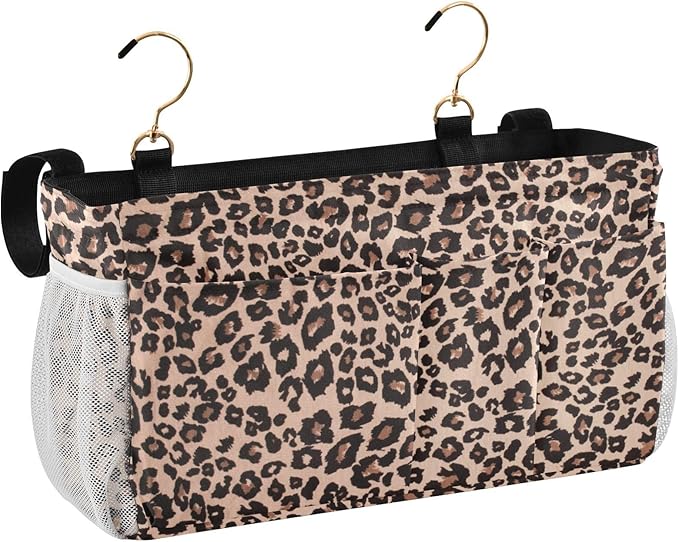 CuwrYet Bedside Caddy Hanging Bunk Bed Caddy Bed Organizer Hanging Pocket with 2 Hooks Bedside Storage Organizer Pocket Bag Holder Leopard Print Brown