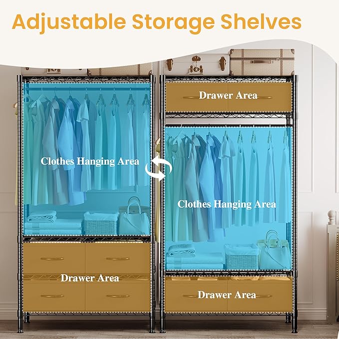 Clothes Rack with 4 Fabric Storage Drawers and Adjustable Shelves, 3-Tier Heavy-Duty Garment Rack Portable Clothes Hanger Closet Organizers for Bedroom Dorm Apartment, 71.5"H x 35.2"W x 15.4"D
