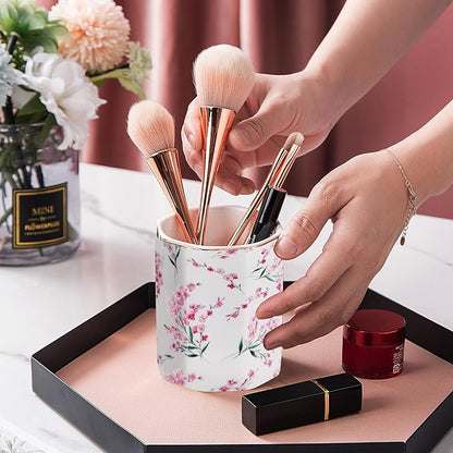 Pen Holder Stand for Desk Floral Pattern Pencil Cup for Girls Kids Durable Ceramic Desk Organizer Makeup Brush Holder for Office Classroom Home Pink Flowers