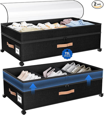 Mqaue Under Bed Storage with Wheels, 72L XXL Under the Bed Storage Containers Large, 10‘’ Tall Adjustable Storage for Underbed with Lids, Rolling for Shoes, Clothes, Blankets, Black