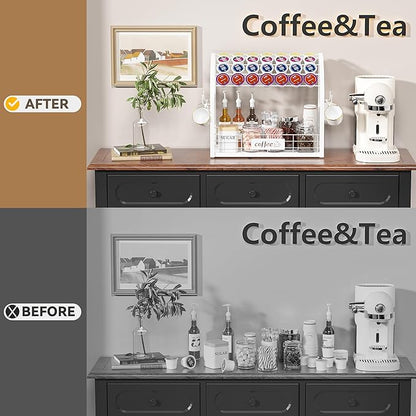 Metal K Cup Holder with Wooden Tray, 2-Tier Coffee Bar Organizer with Mug Hooks, Countertop Coffee Pod and Station Accessories – White